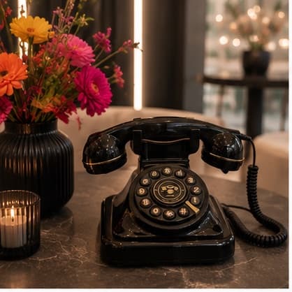 Schwarzes Wählscheiben-Telefon mit bunten Blumen auf dunklem Marmor