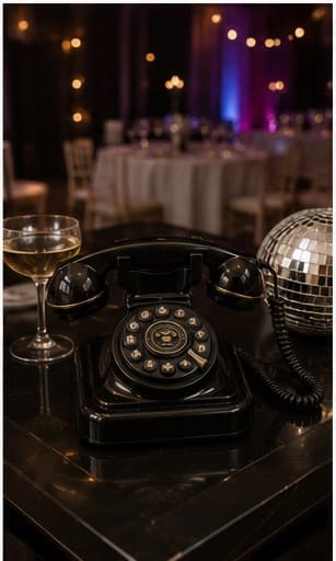 Schwarzes Wählscheiben-Telefon mit Sektschale und Discokugel auf einer Abendfeier