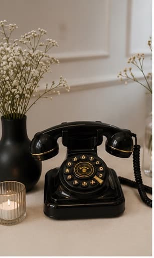 Schwarz-goldenes Wählscheiben-Telefon mit Schleierkraut vor heller Paneelwand