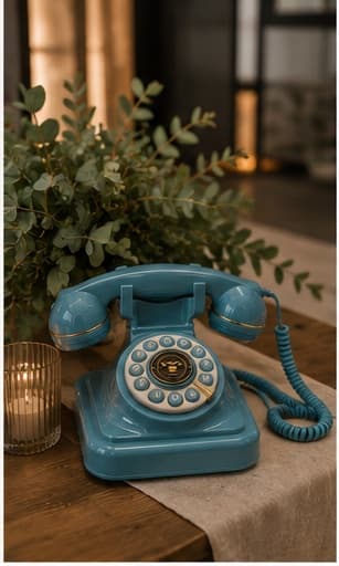 Hellblaues Wählscheiben-Telefon mit Eukalyptus auf einem Holztisch