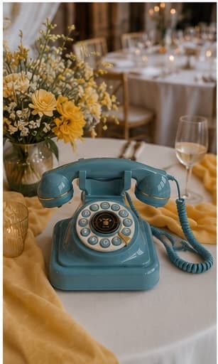 Hellblaues Wählscheiben-Telefon mit gelbem Tischläufer vor festlich gedeckten Empfangstischen