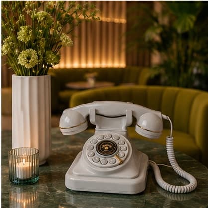Cremeweißes Wählscheiben-Telefon vor grüner Samtcouch in einer Lounge-Ecke