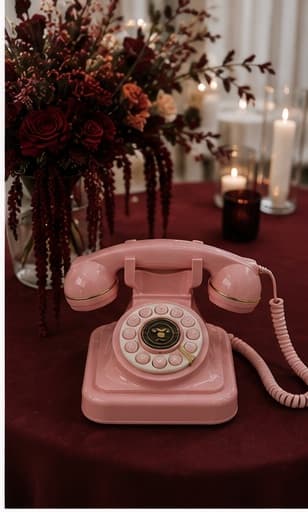 Rosa Wählscheiben-Telefon mit bordeauxroten Rosen und Kerzen