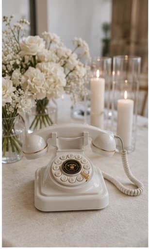 Cremeweißes Wählscheiben-Telefon mit Herzensleitung-Schild zwischen Kerzen und Rosen, bereit für die Sprachaufnahmen der Gäste