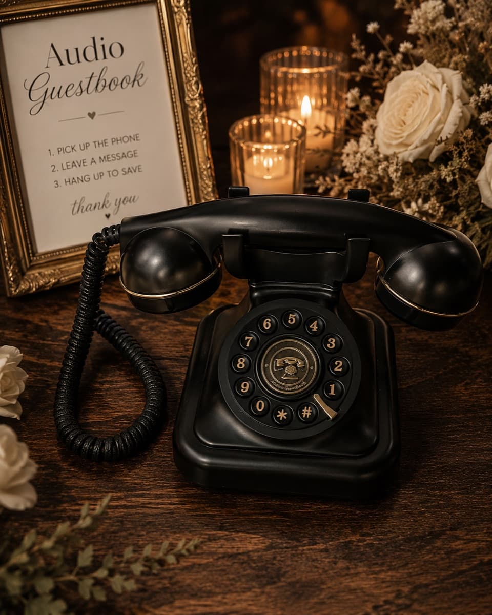Schwarzes Wählscheiben-Telefon mit Goldrahmen-Schild auf dunklem Holz