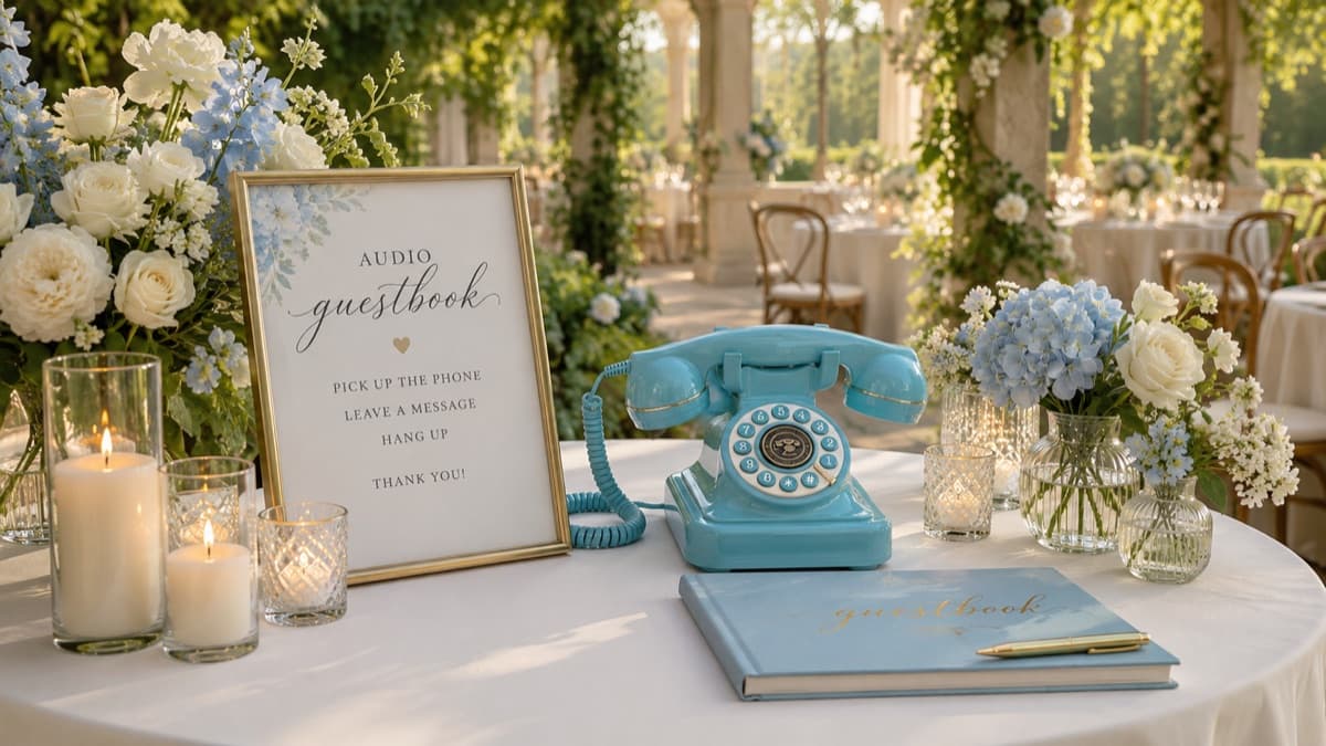 Hellblaues Retro-Telefon auf einer Gartenhochzeit mit Lichterketten