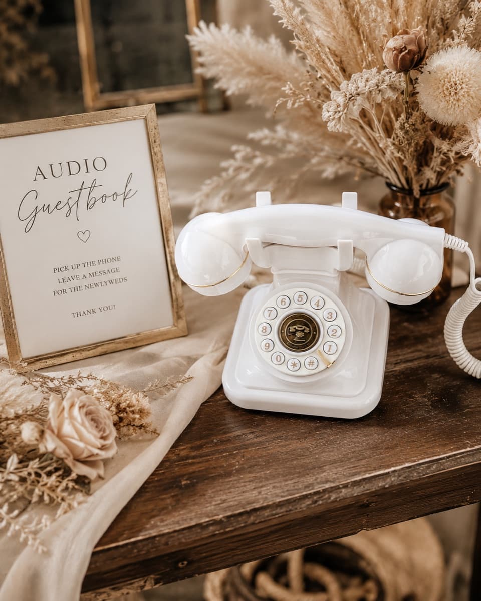 Cremeweißes Wählscheiben-Telefon auf einem Holztisch mit Trockenblumen und Herzensleitung-Schild