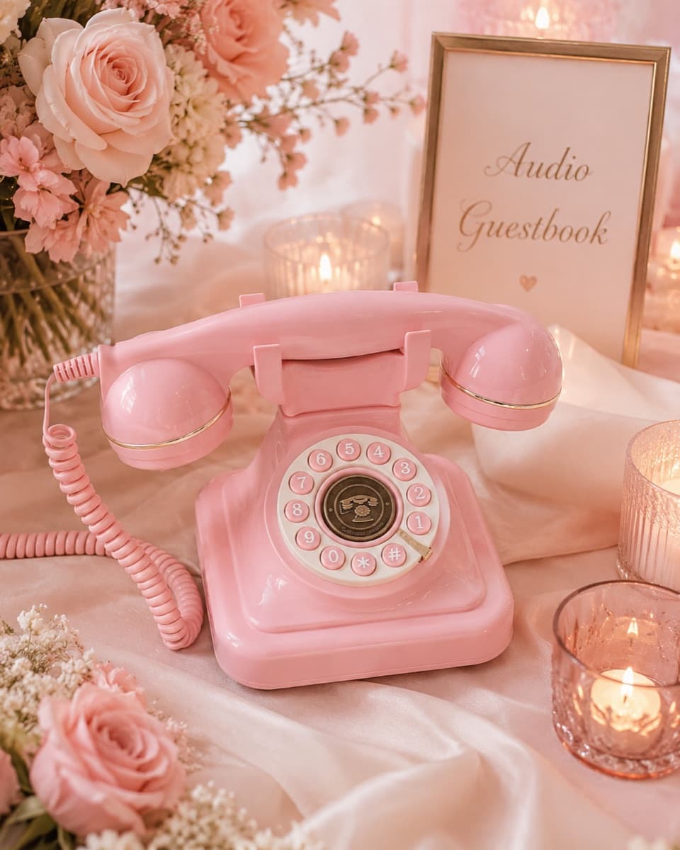 Rosa Retro-Telefon zwischen Rosen und Kerzen mit Herzensleitung-Schild