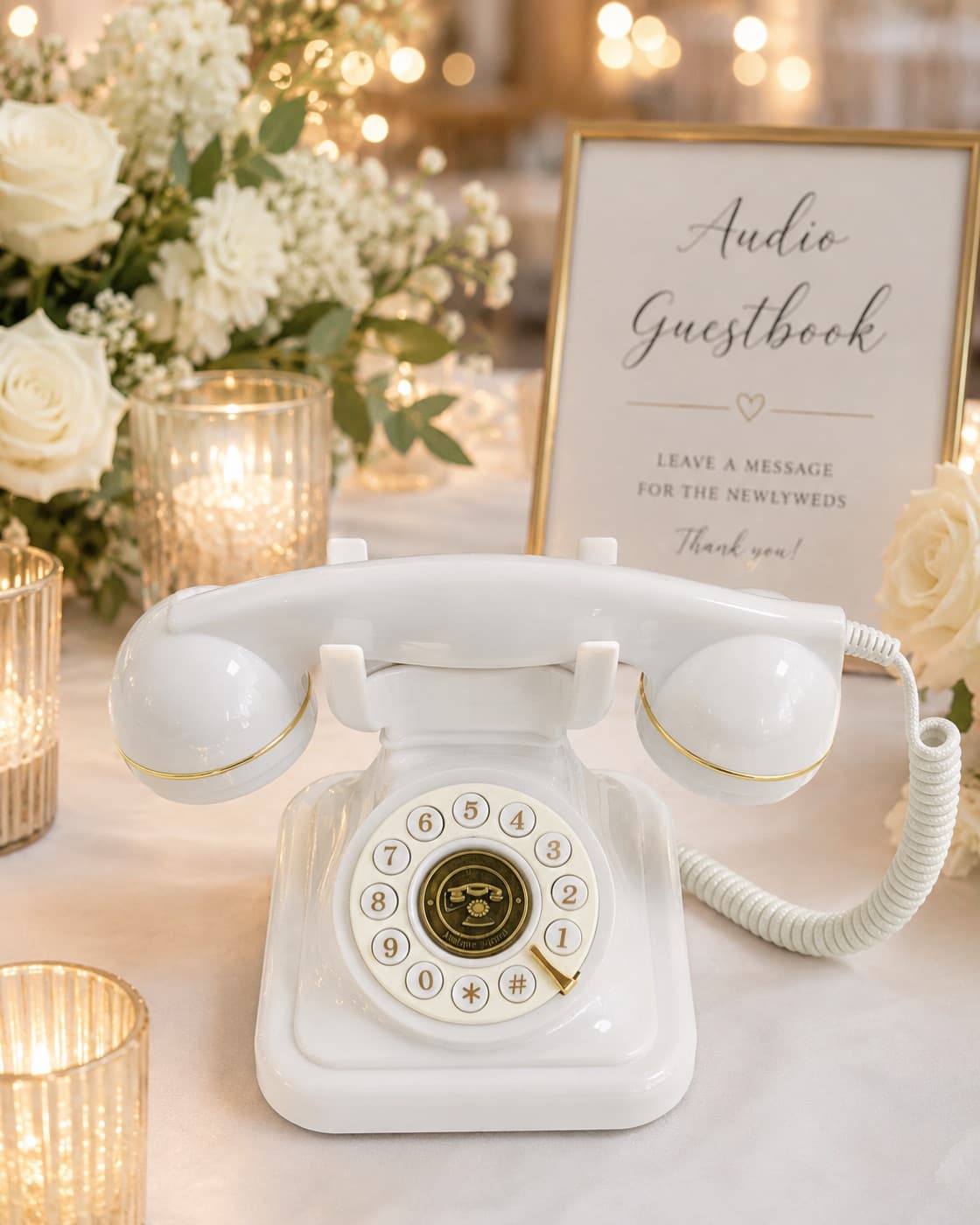 Cremeweißes Wählscheiben-Telefon mit Herzensleitung-Schild zwischen Kerzen und Rosen, bereit für die Sprachaufnahmen der Gäste